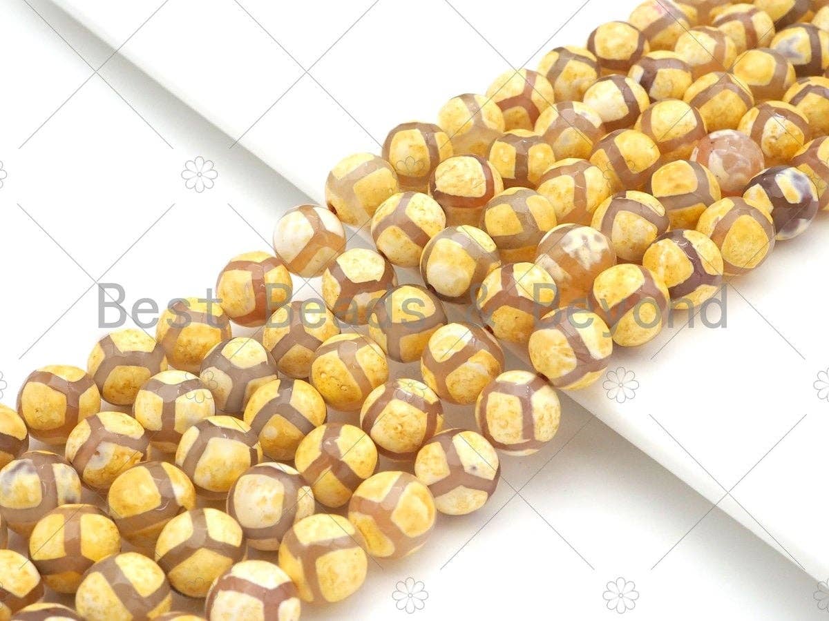 Natural Tibetan Yellow Football Agate Beads, Dzi Football Agate Beads, 8mm/10mm/12mm Round Faceted Agate,15.5" Full Strand, Sku#U1117