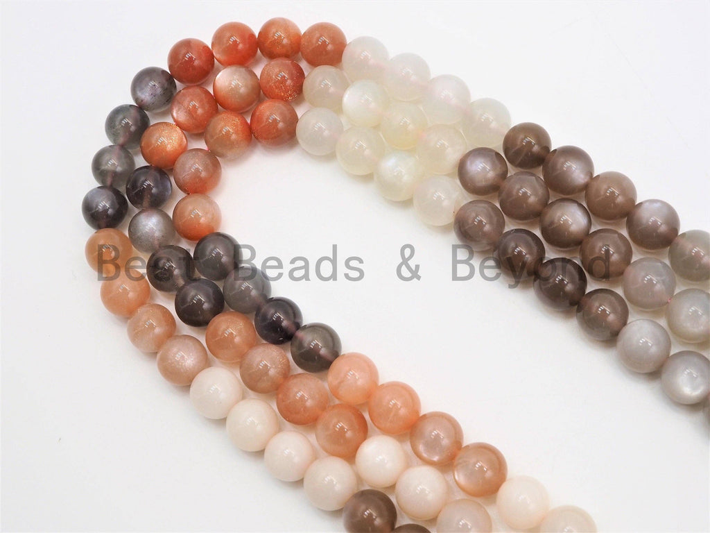 Quality Natural Mixed Color Moonstone Beads, 6/8/10/12mm Round Smooth beads, Peach Gray White Gemstone Beads, 15.5inch strand, SKU#U356