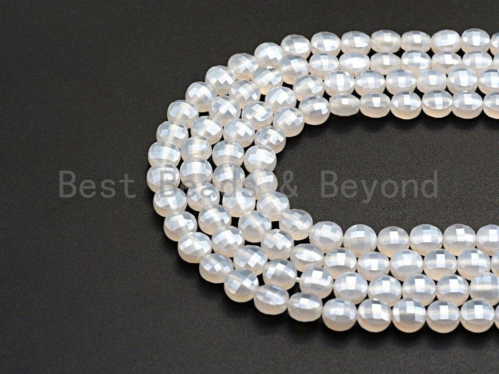 Double Sided Turtle Shell Cut Plated Agate Coin Shape beads, 6mm/8mm/10mm White Agate, Natural Gemstone Beads, 15.5" Full strand, Sku#UA05