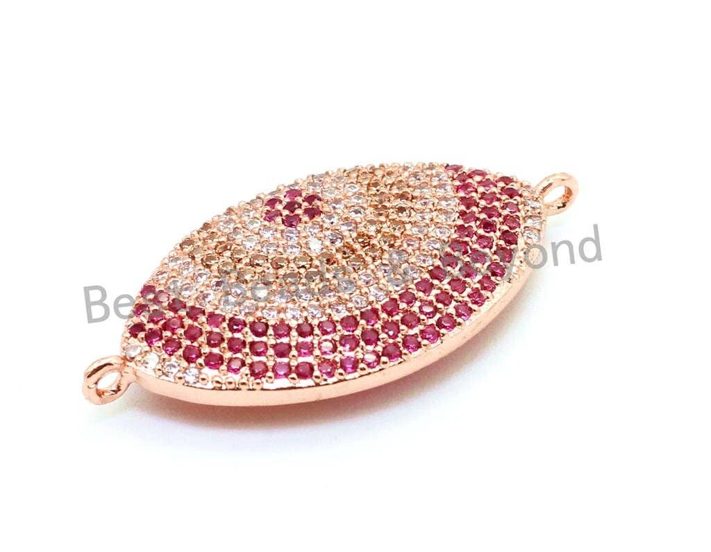 CZ Micro Fuchsia Gold Marquise Shape Evil Eyes Connector for Bracelet Necklace, 16x33mm,sku#E74C