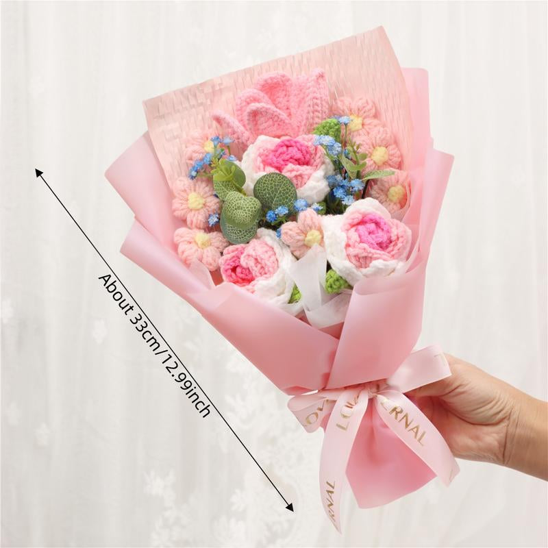 Handmade Crochet Rose Bouquet Yarn Knitted Fake Flowers, Christmas Mother'S Day Valentine'S Day Wedding Anniversary Gift