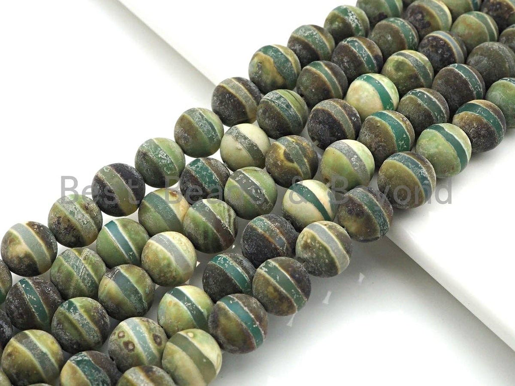 Green Matt Agate with One Line Round Smooth Beads, Sku#U929