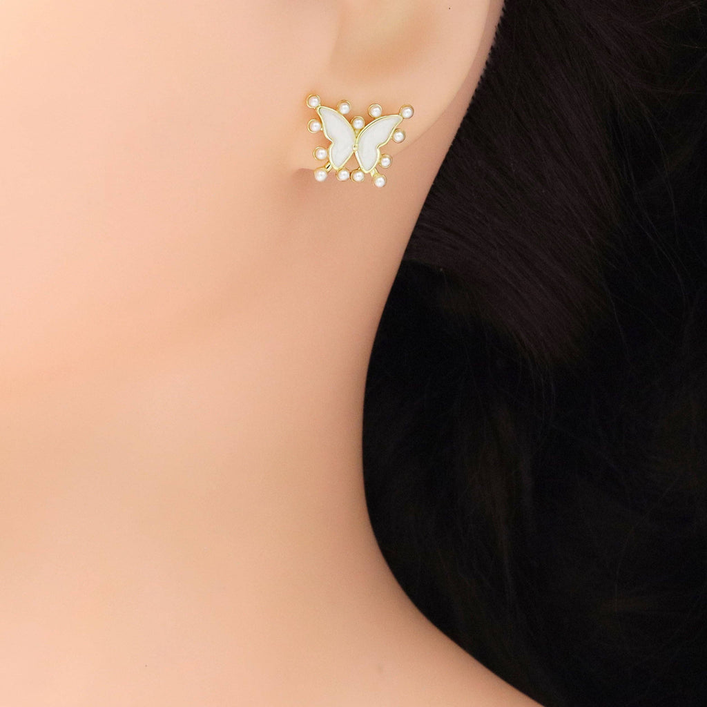 CZ Gold White Pearl Enamel Butterfly Stud Earrings, Sku#LD534