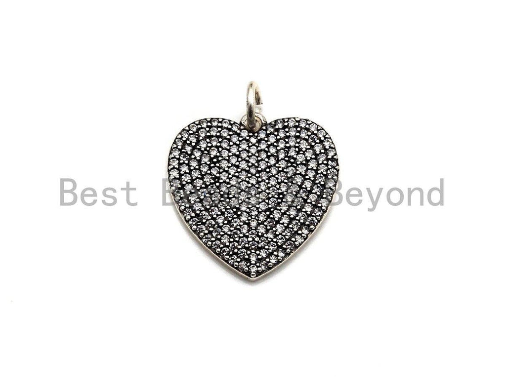 CZ Micro Pave Heart Shape Pendant, Antique Silver Tone, Cubic Zirconia Pave Heart Charm Pendant, 22mm,sku#F1024