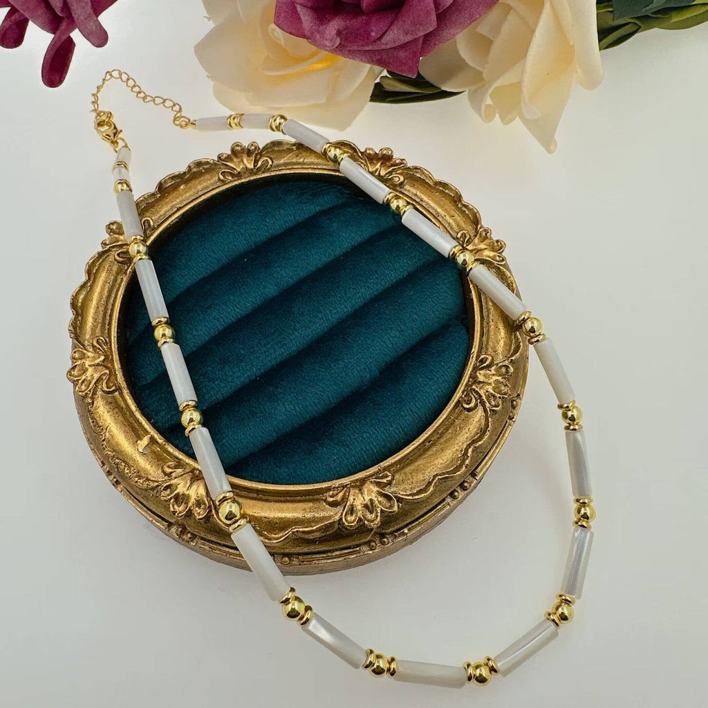 Mother of Pearl tube with gold spacer necklace, sku#EF545