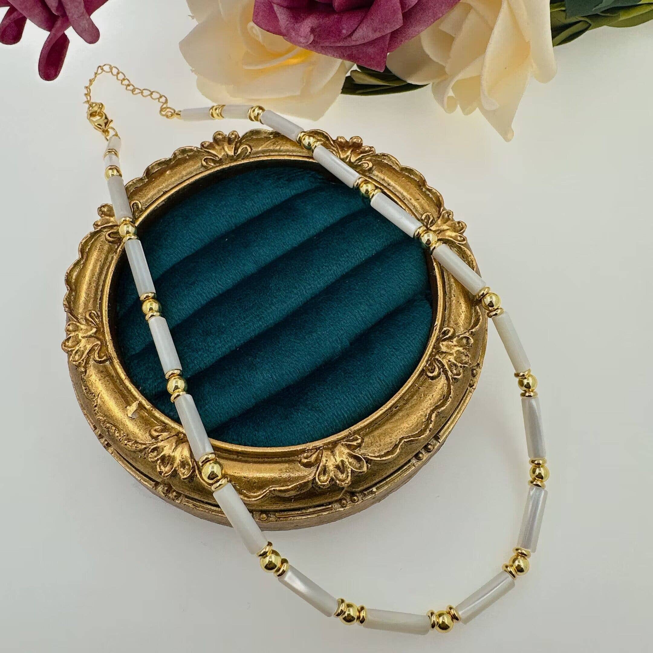 Mother of Pearl tube with gold spacer necklace, sku#EF545