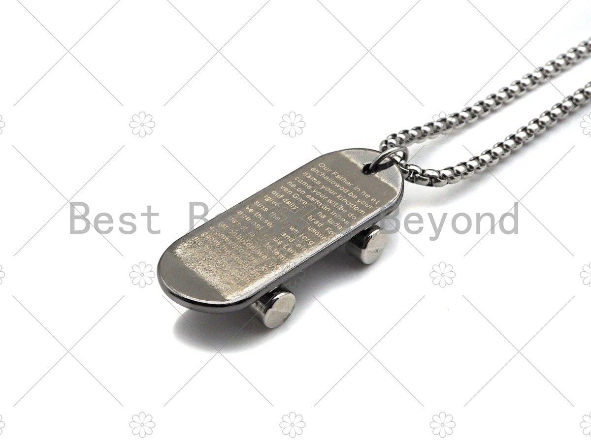 Collier chaîne avec pendentif skateboard - Pendentif croix gravé verset biblique, collier pour homme en acier inoxydable - Collier avec pendentif, sku#L344