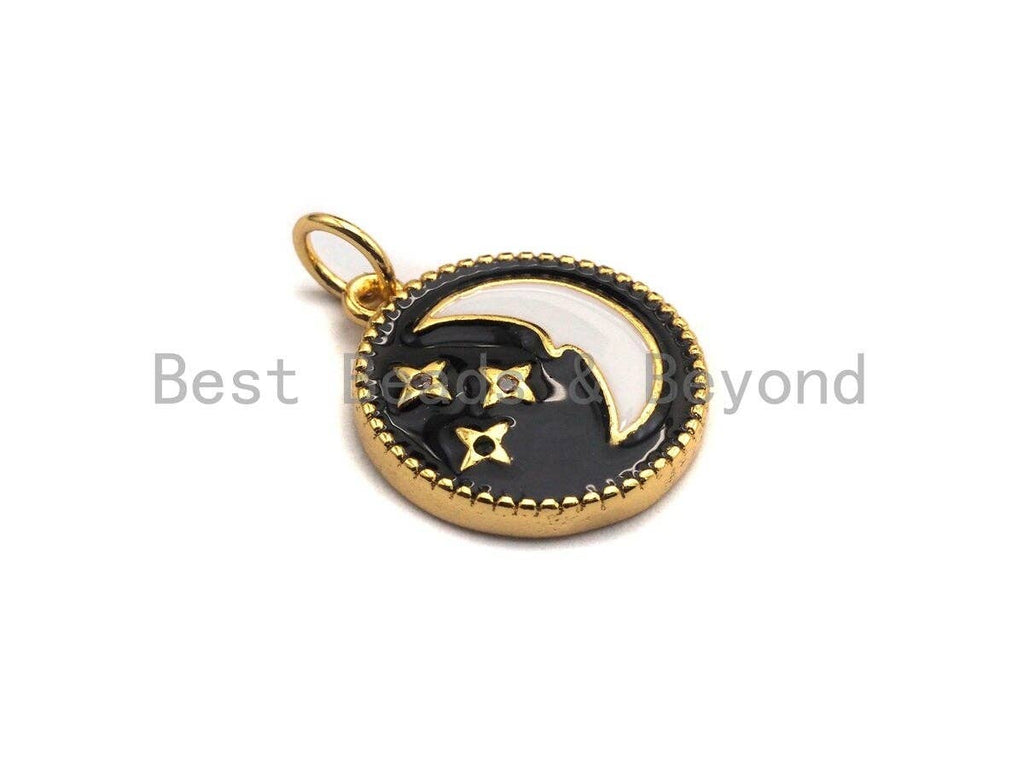 Black white Moon Star Enamel Round Disc Charm, Enamel Charm Pendant, Enamel Jewerly,  Moon star Jewerly, 15x17mm,sku#Z409