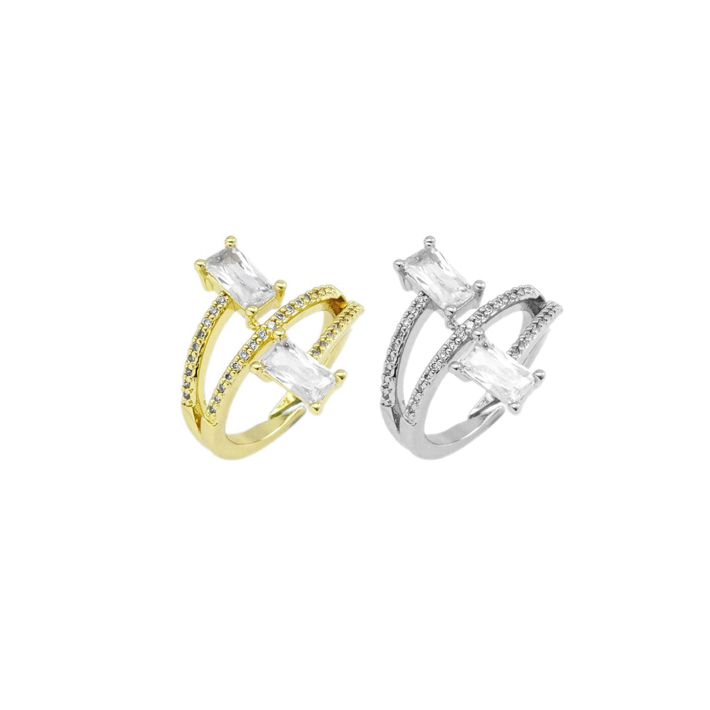 CZ Gold Silver Rectangle CZ Adjustable Ring, Sku#A146