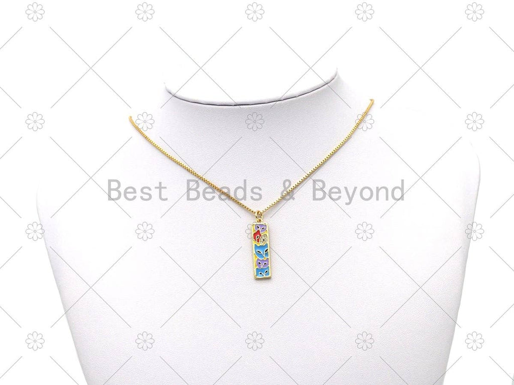 Colorful Enamel Fox On Long Bar Shape Pendant,18K Gold Filled CZ Micro Pave Charm, Necklace Bracelet Charm Pendant, Sku#Y591
