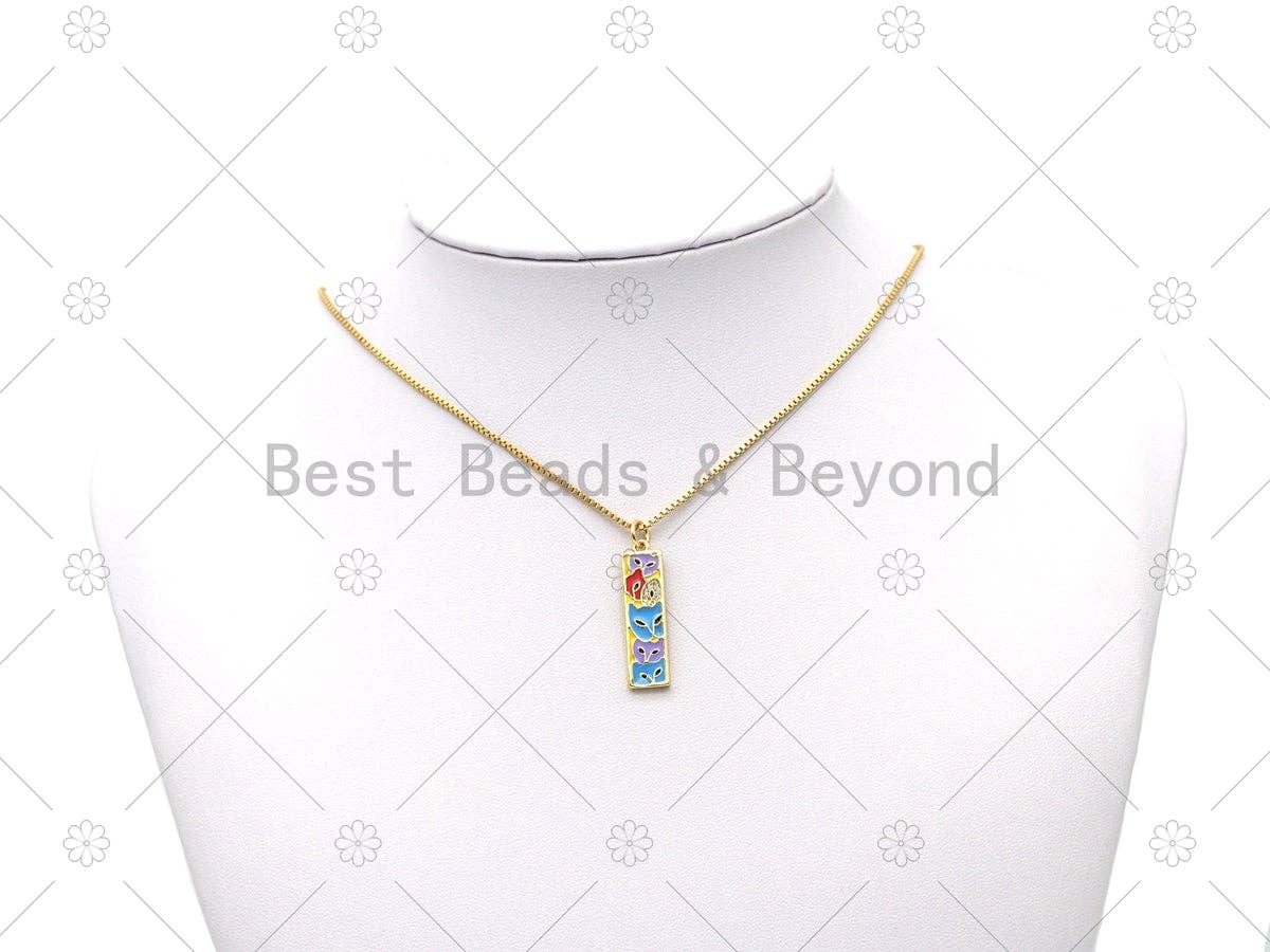 Colorful Enamel Fox On Long Bar Shape Pendant,18K Gold Filled CZ Micro Pave Charm, Necklace Bracelet Charm Pendant, Sku#Y591