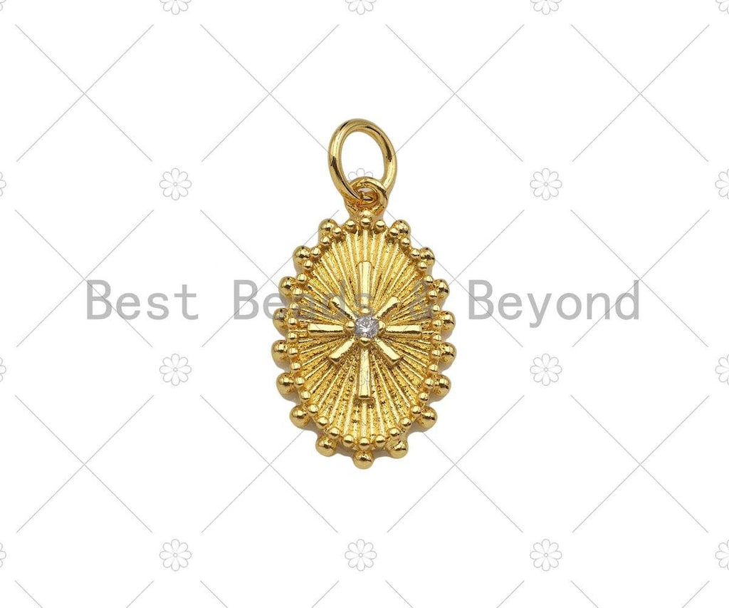 CZ Micro Pave North Star On Oval Shape Pendant,18k Dainty Gold Radial Medallion Charm, Necklace Bracelet Charm Pendant,11x18mm,Sku#Z1322