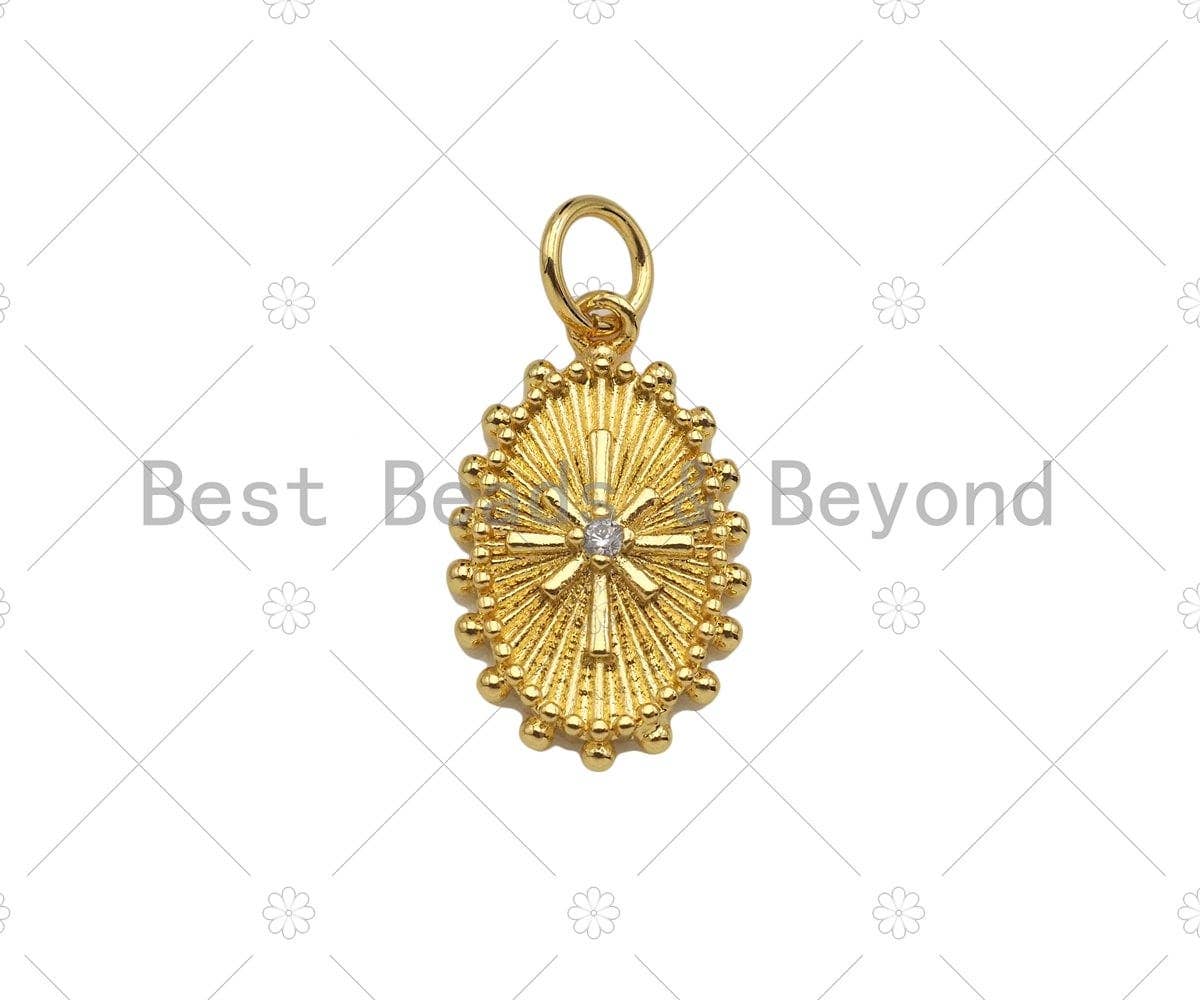 CZ Micro Pave North Star On Oval Shape Pendant,18k Dainty Gold Radial Medallion Charm, Necklace Bracelet Charm Pendant,11x18mm,Sku#Z1322