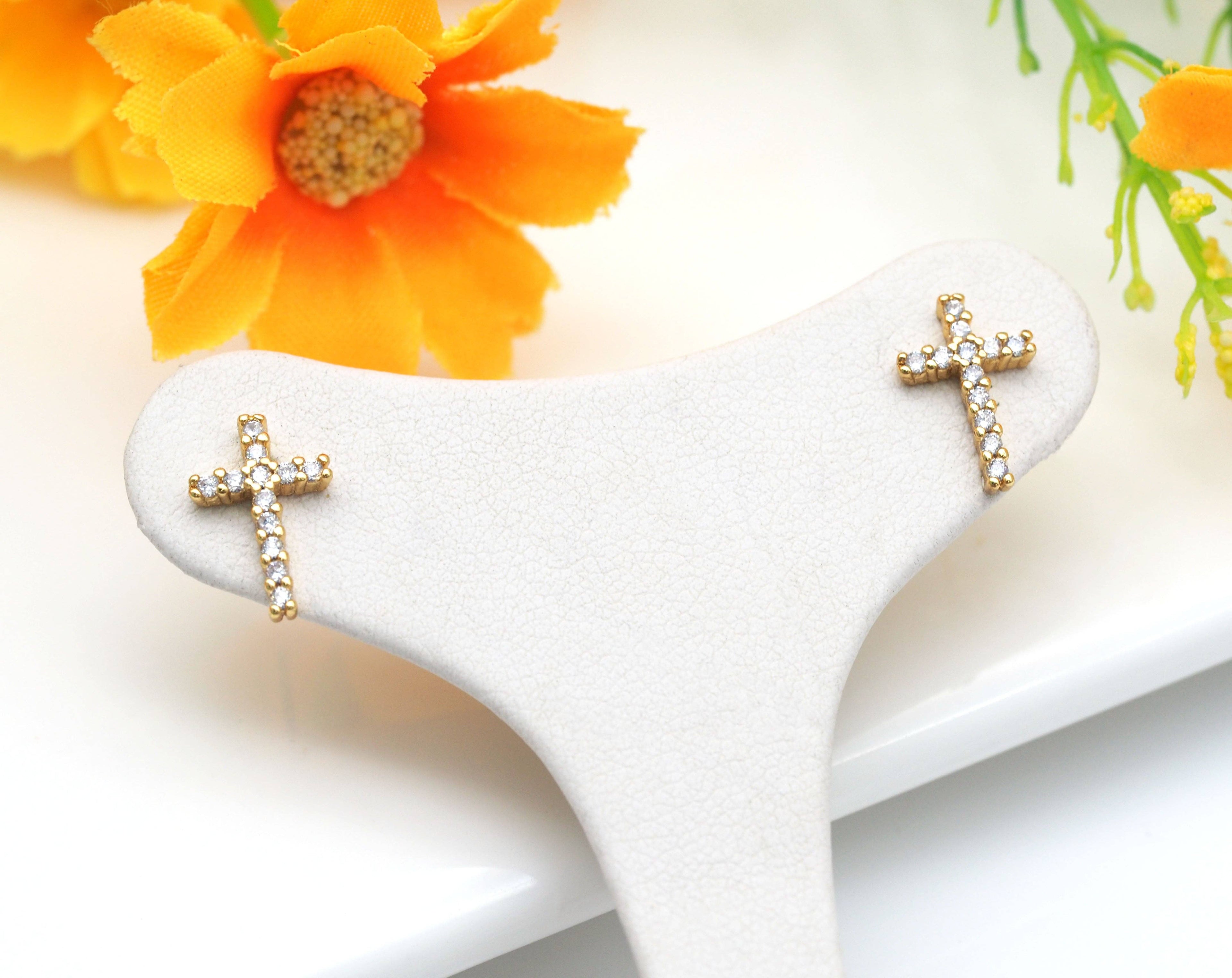 CZ Micro Pave Cross Shape Stud Earring , 18K Gold Filled Latch Back Earrings, Cross Earring, Sku#LD177