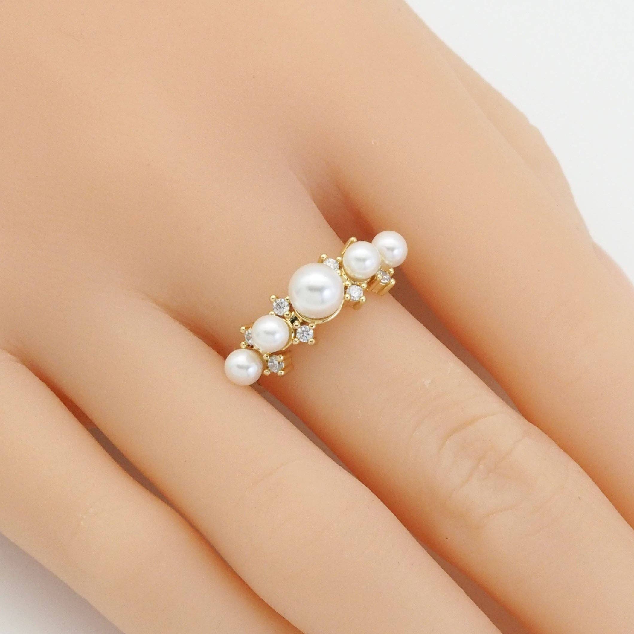 Gold CZ White Pearl Round Ring Adjustable Ring, Sku#LD411