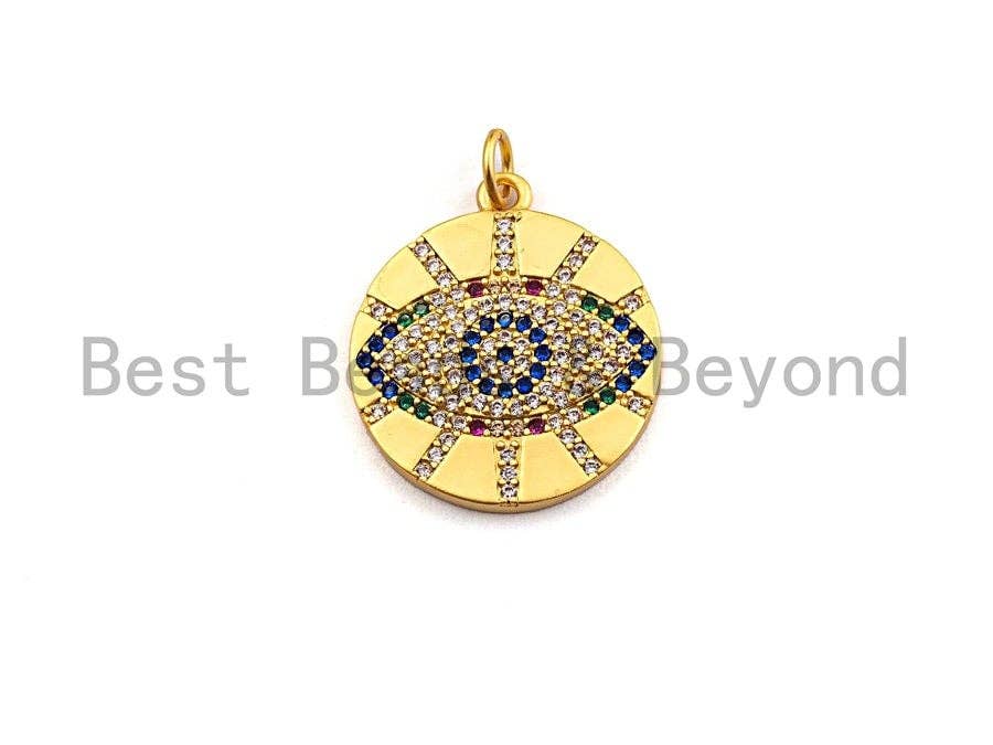Colorful CZ Micro Pave Round Evil Eye on Disc Pendant/Charm, Lucky eye Cubic Zirconia Pendant, Silver/Gold Tone,20x23mm,Sku#Y204