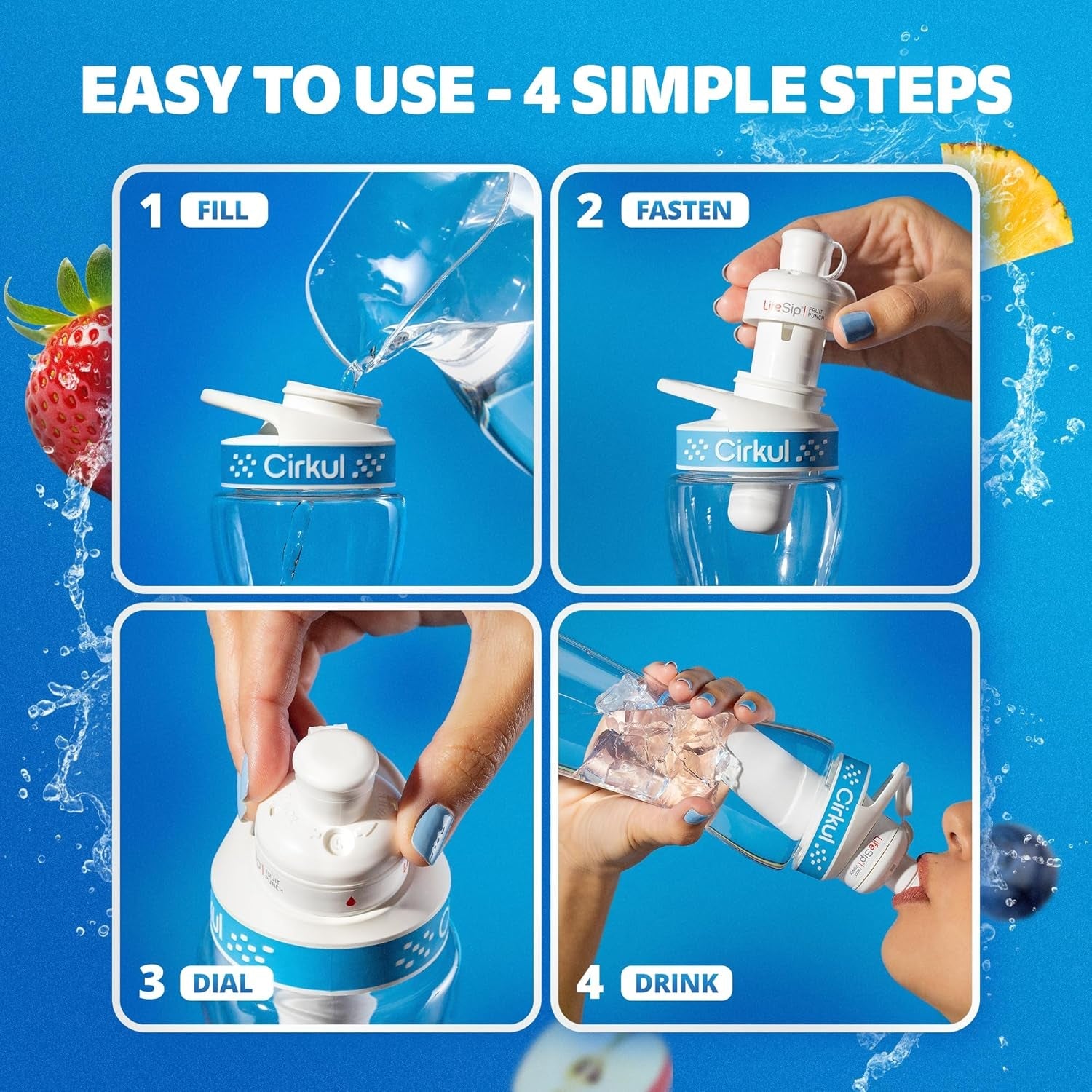 Cirkul 22Oz. Bpa-Free Plastic Water Bottle Starter Kit with Blue Lid, 3 Flavor Cartridges (1 Lifesip Fruit Punch, 1 Fitsip Mixed Berry, 1 Gosip Black Cherry) Zero Calories and No Sugar