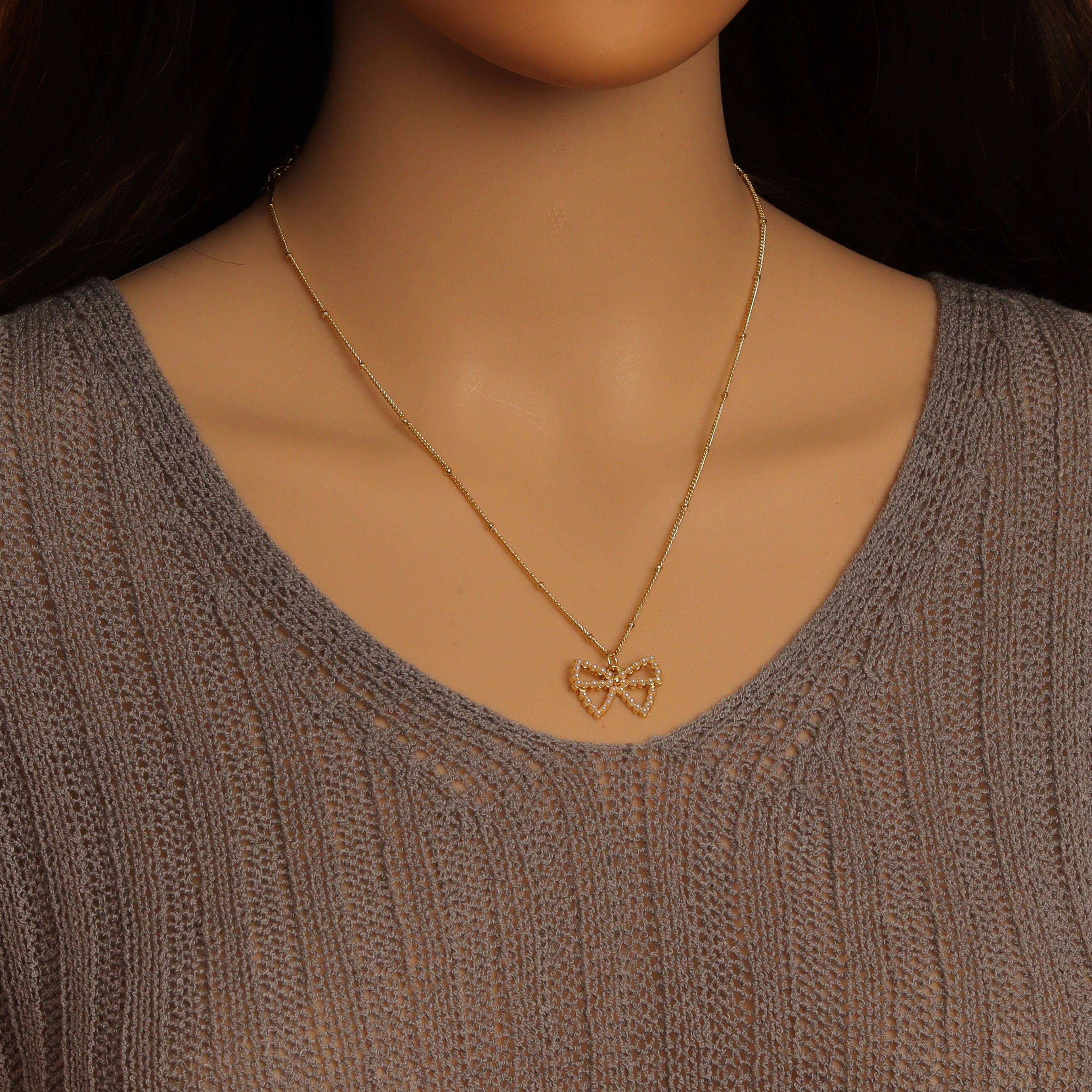 White Pearl Bow Pendant Adjustable Necklace, sku#EF716