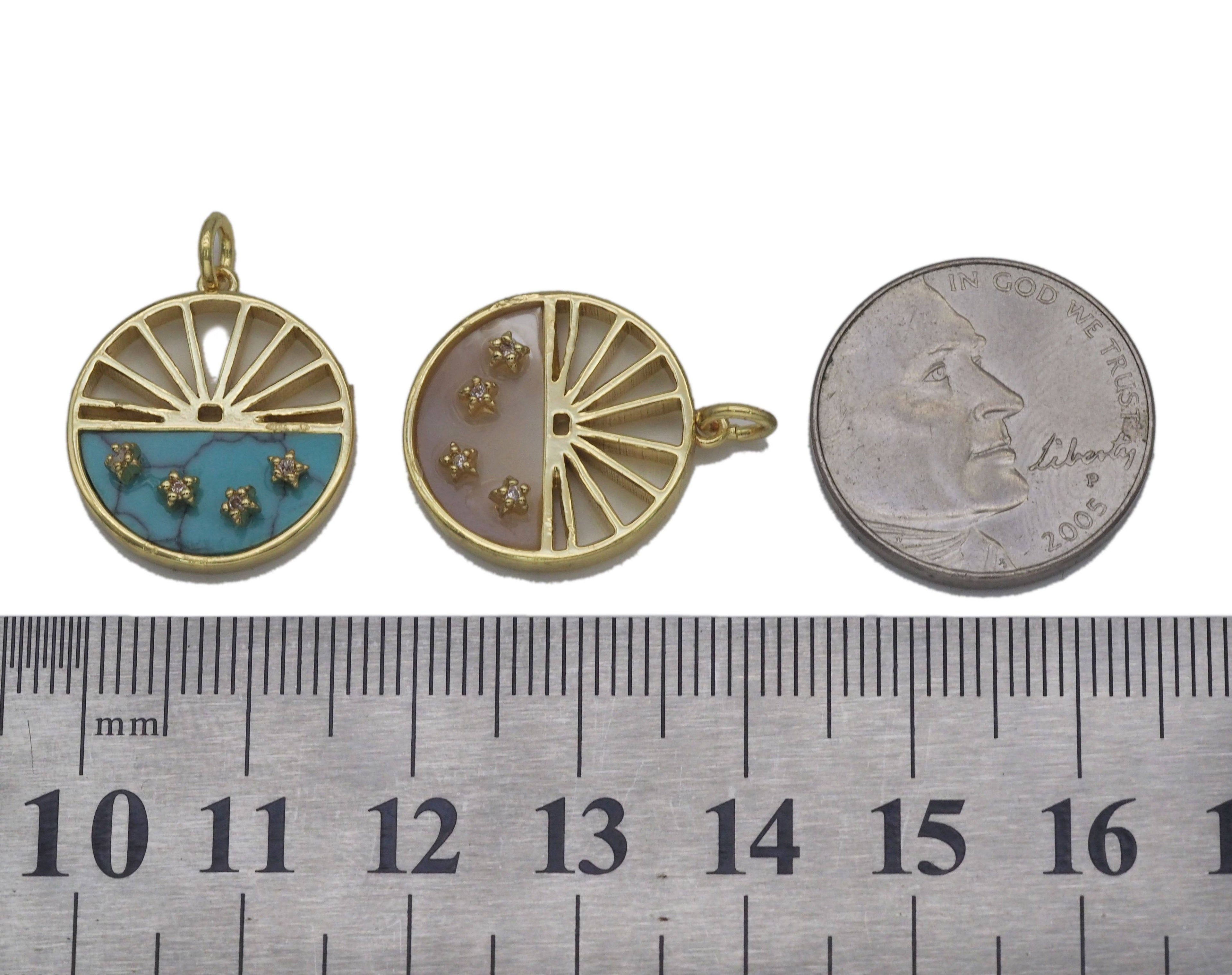 Turquoise Mop CZ Five Point Star On Round Charm, Sku#L691