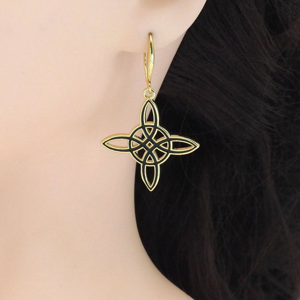 Gold Enamel Chinese Knot Hoop Earrings, Sku#EF348