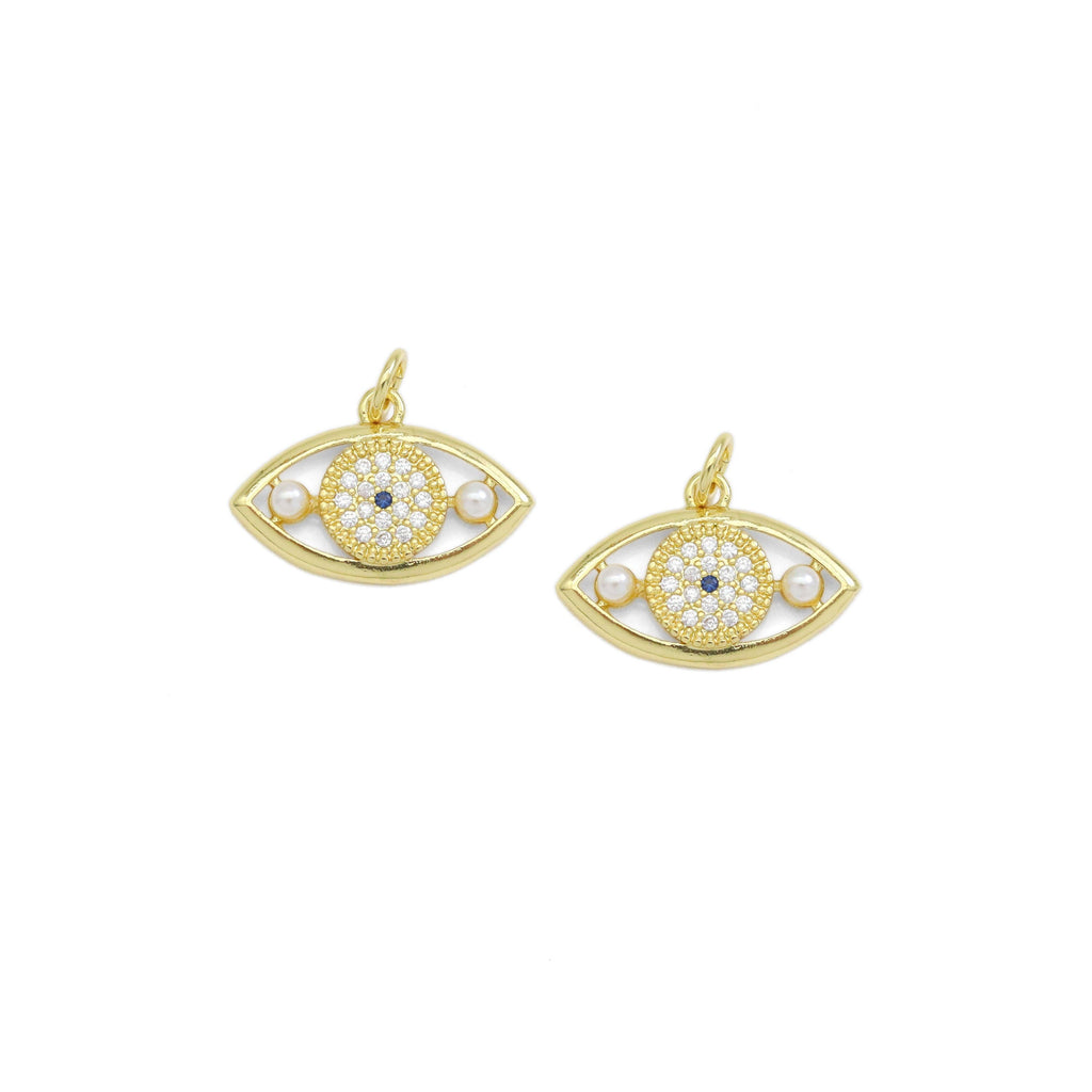 CZ White Pearl Gold Evil Eye Charm, Sku#Y935