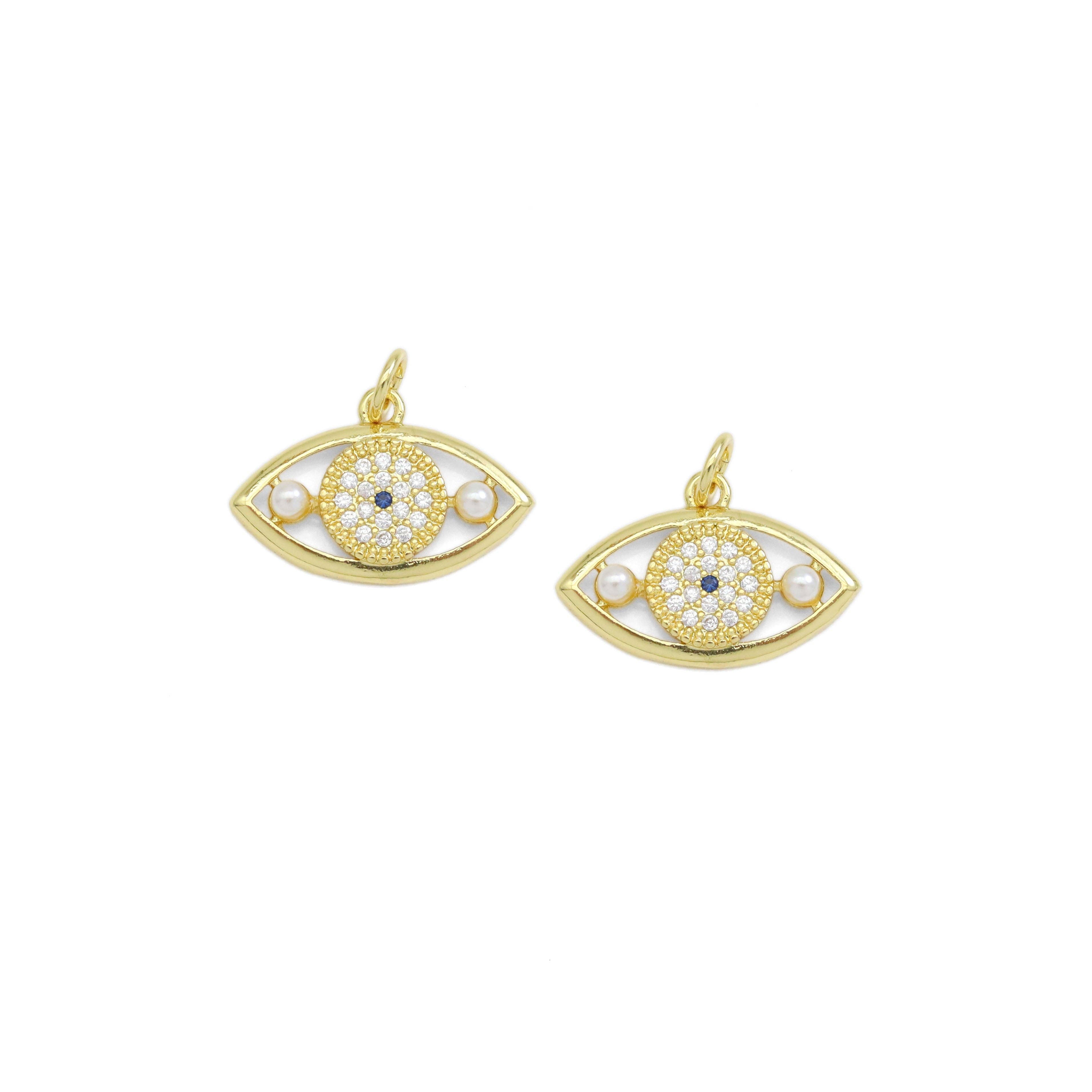 CZ White Pearl Gold Evil Eye Charm, Sku#Y935