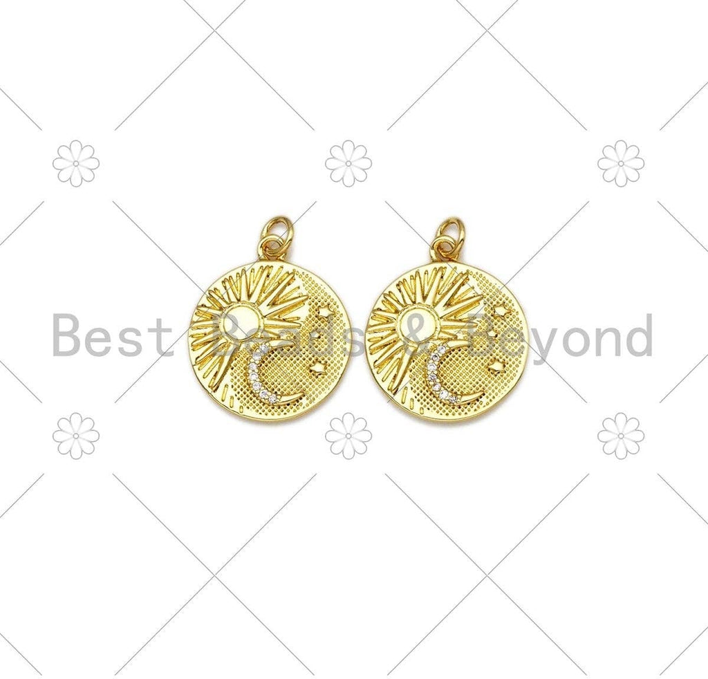 CZ Micro Pave Sun Cresent Moon Star On Round Coin Shape Pendant,18k Gold Filled Medallion Charm, Necklace Bracelet Pendant,18x21mm,Sku#Z1404