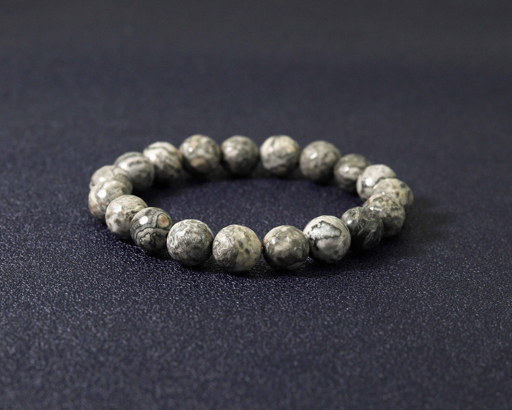 Round Faceted Map Jasper Stretchy Bracelet, Sku#EF116