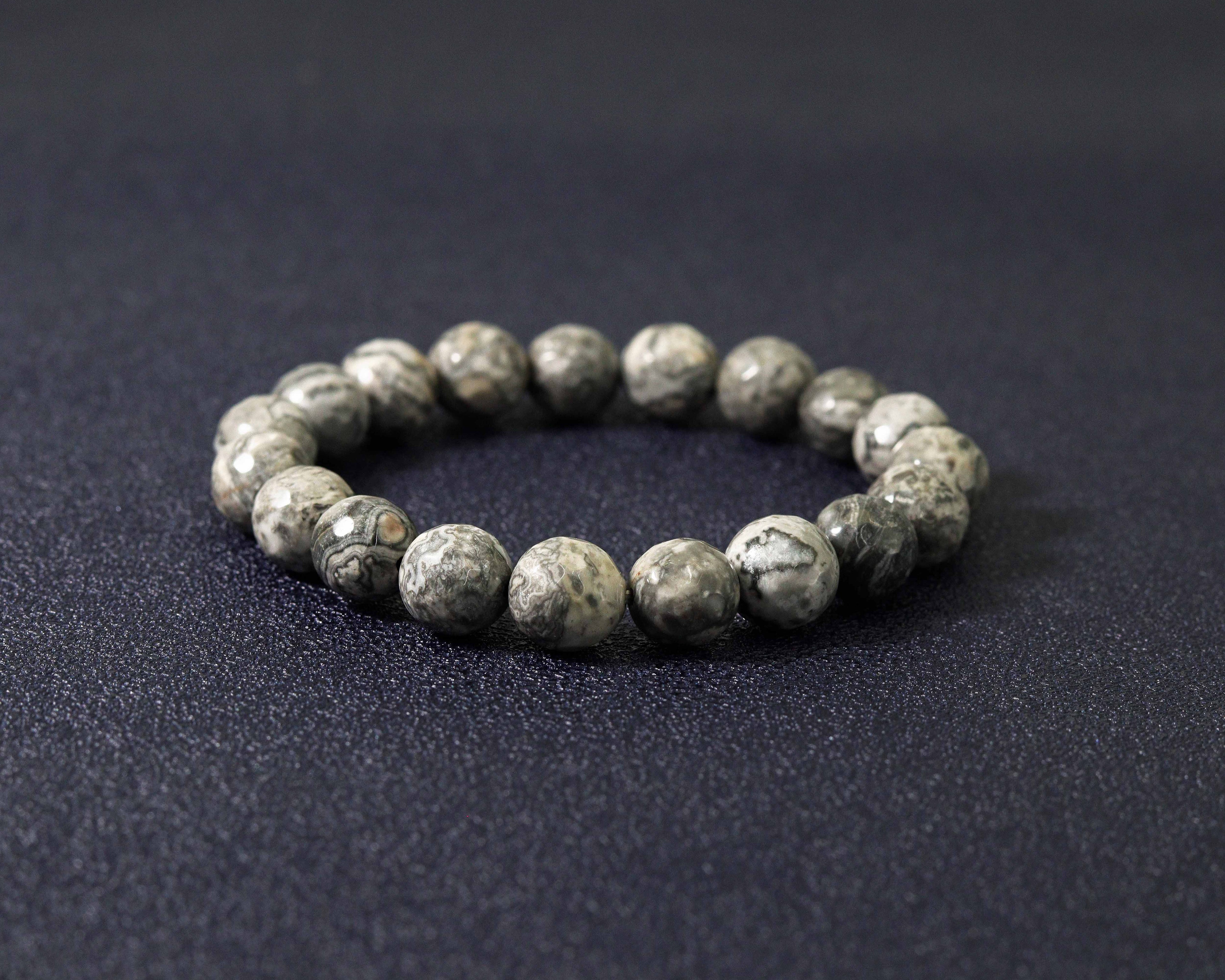 Round Faceted Map Jasper Stretchy Bracelet, Sku#EF116