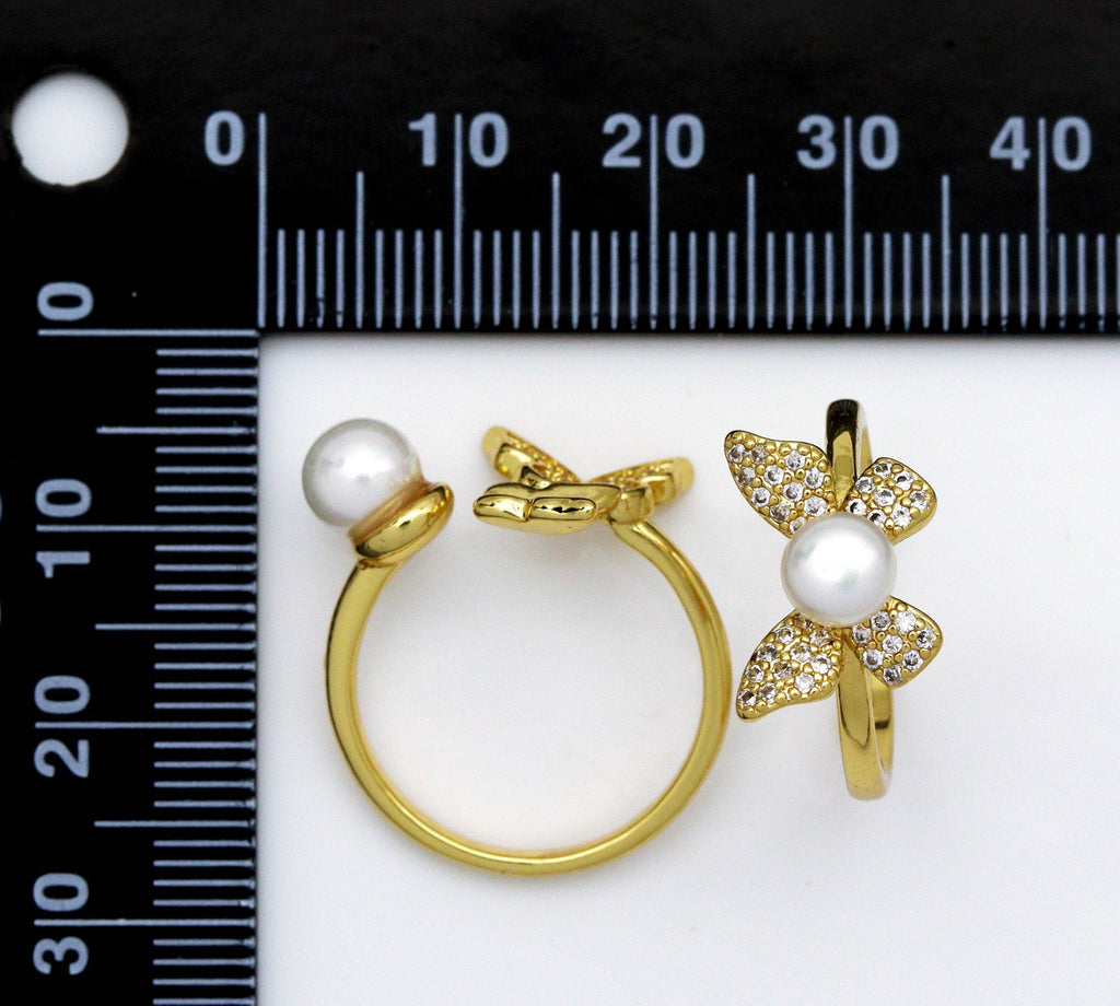 CZ Pave Gold Butterfly Pearl Adjustable Ring, Sku#LD310