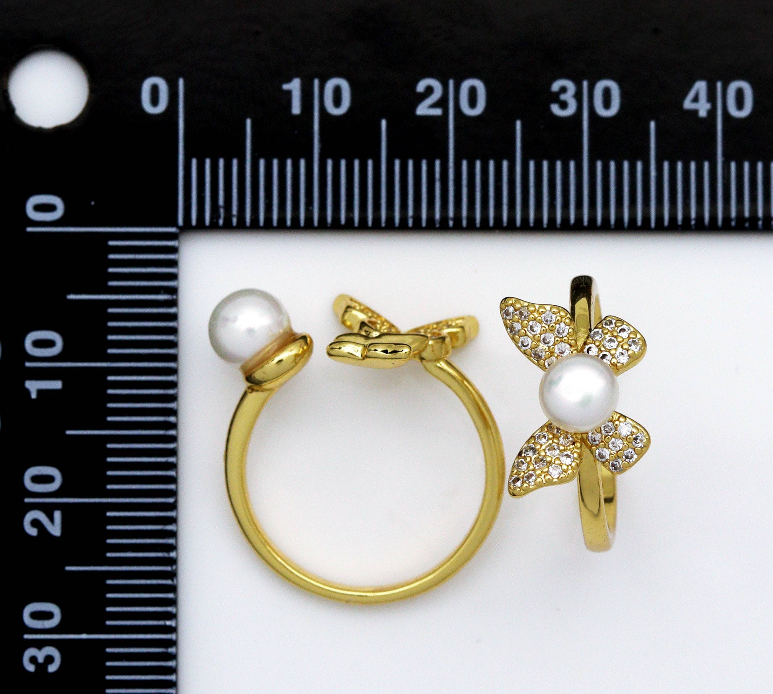 CZ Pave Gold Butterfly Pearl Adjustable Ring, Sku#LD310