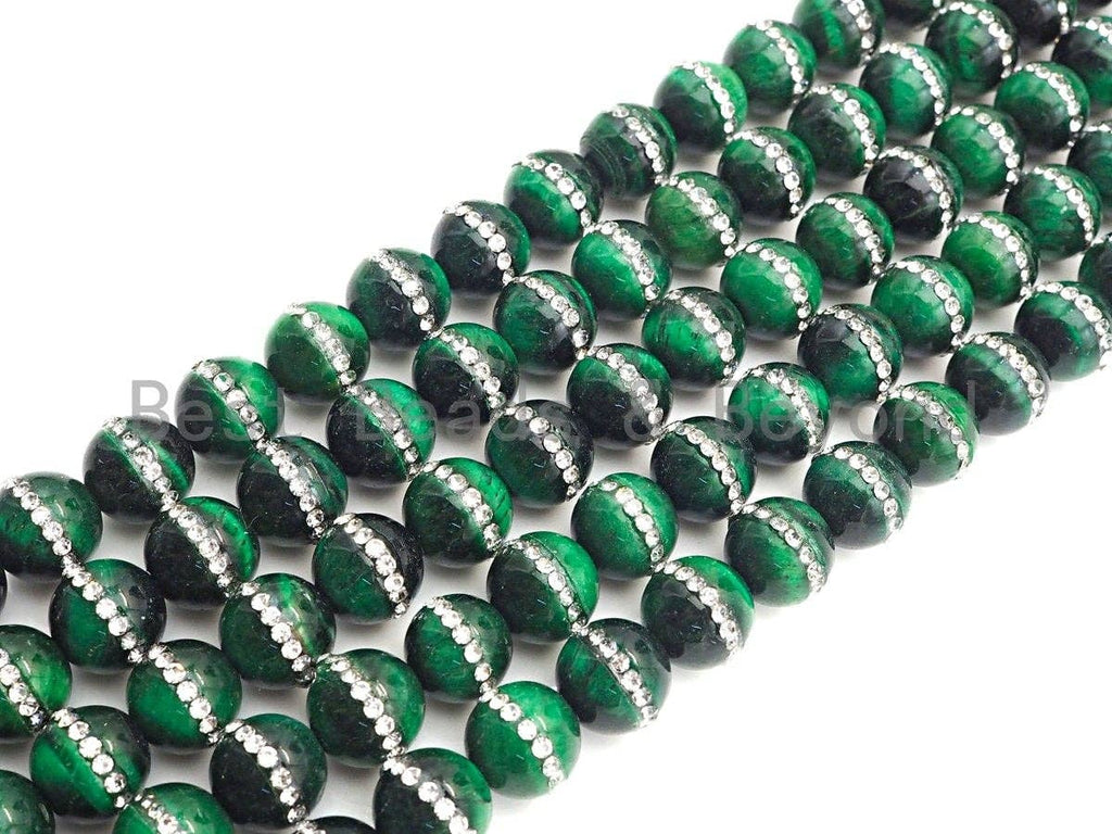 High Quality Green Tiger Eye with Rhinestone Inlaid, 6mm/8mm/10mm/12mm/14mm, Tiger eye Beads, 15.5'' Full strand, SKU#V52