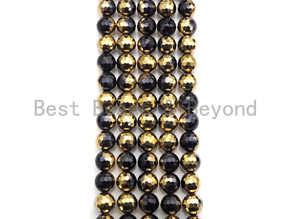 NEW!!! Natural Half Gold Plated Black Onyx Beads, 8mm/10mm/12mm Round Faceted Gold Black Onyx Beads, 15.5 Full Strand, sku# UA87