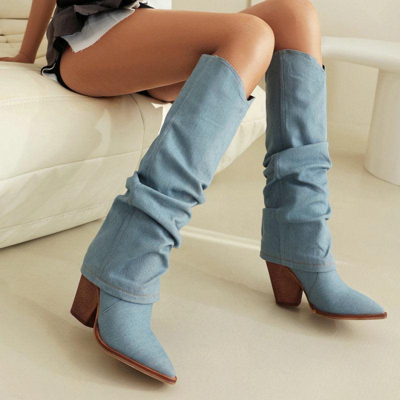 Bottes de cowboy souples en denim | Élégantes bottes de cowboy hautes pour cow-girls