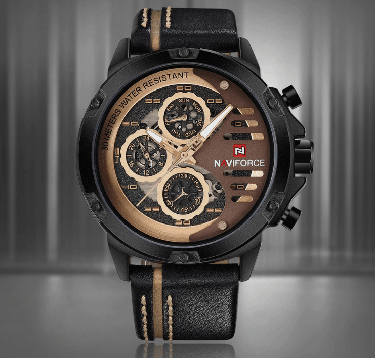 Montre de Sport Étanche Homme avec Chronomètres et Bracelet en Cuir Montre-Bracelet Multifonction Design Unique Cadeau Parfait