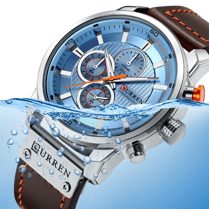 Montre de sport élégante et étanche pour homme avec chronomètres, affichage de la date, bracelets en cuir et verre Hardlex résistant aux rayures. Cadeau idéal pour lui.