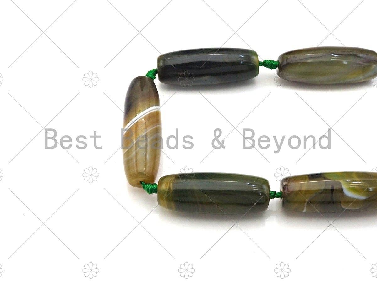 Natural Brown Green Agate Barrel Spacer Beads, Brown Green Agate Spacer Beads, Tibetan Dzi Beads, 14x40mm, Sku#U1040