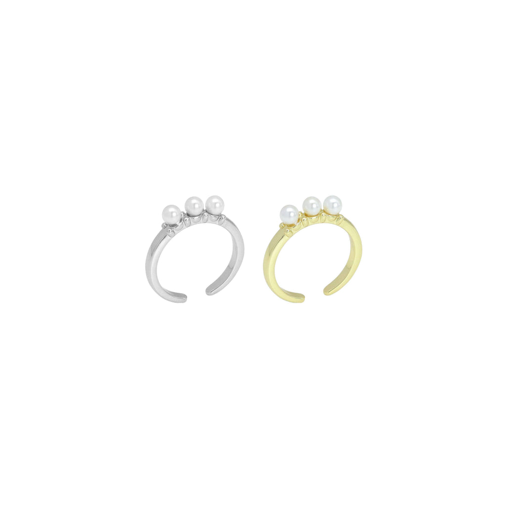 Gold Silver Three Pearl Thin Adjustable Ring, Sku#LX757