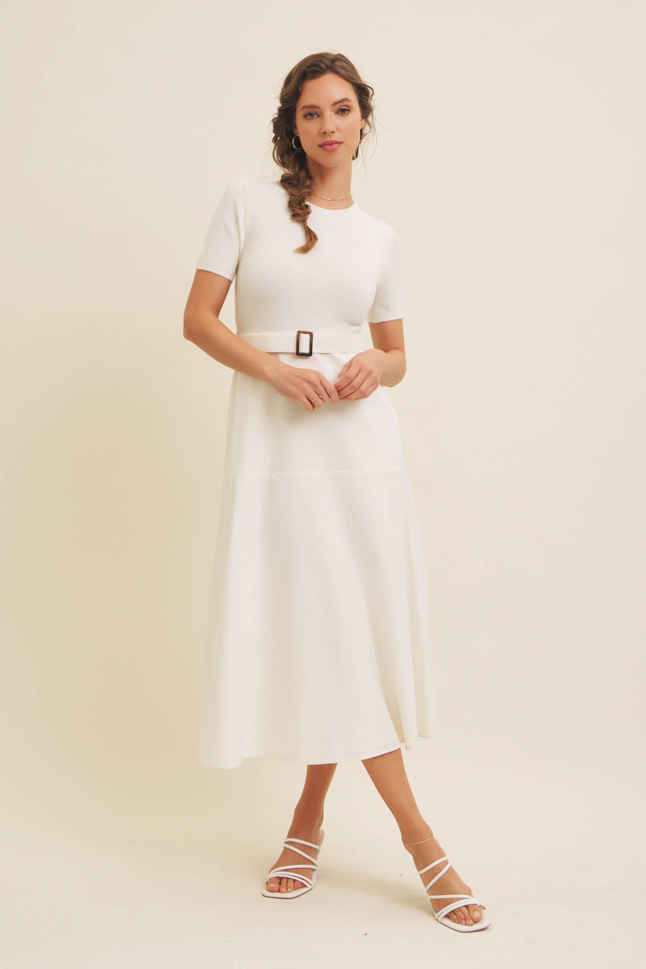 DELANEY- Super Soft White Mixed Media Sweater Midi Dres with Belt