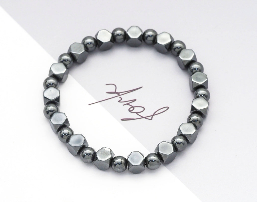 Genuine Gunmetal Hematite Cube Stretchy Bracelet, 7.5'', Sku#EF236
