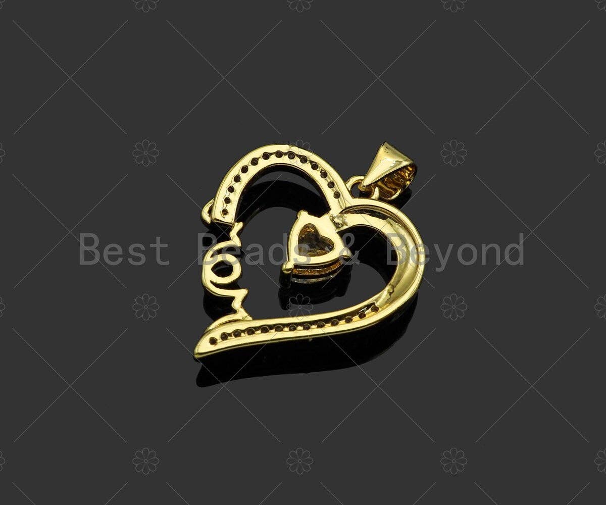 Gold Filled CZ Micro Pave Mom On Heart Frame Shape Pendant, 18K Gold Filled Heart Charm, Mother's Day, Necklace Charm,19x22mm,Sku#LD119