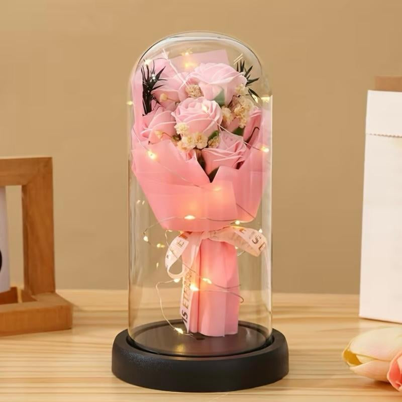 Eternal Rose Soap Flower Bouquet with LED Glass Dome – Romantic Gift Decor