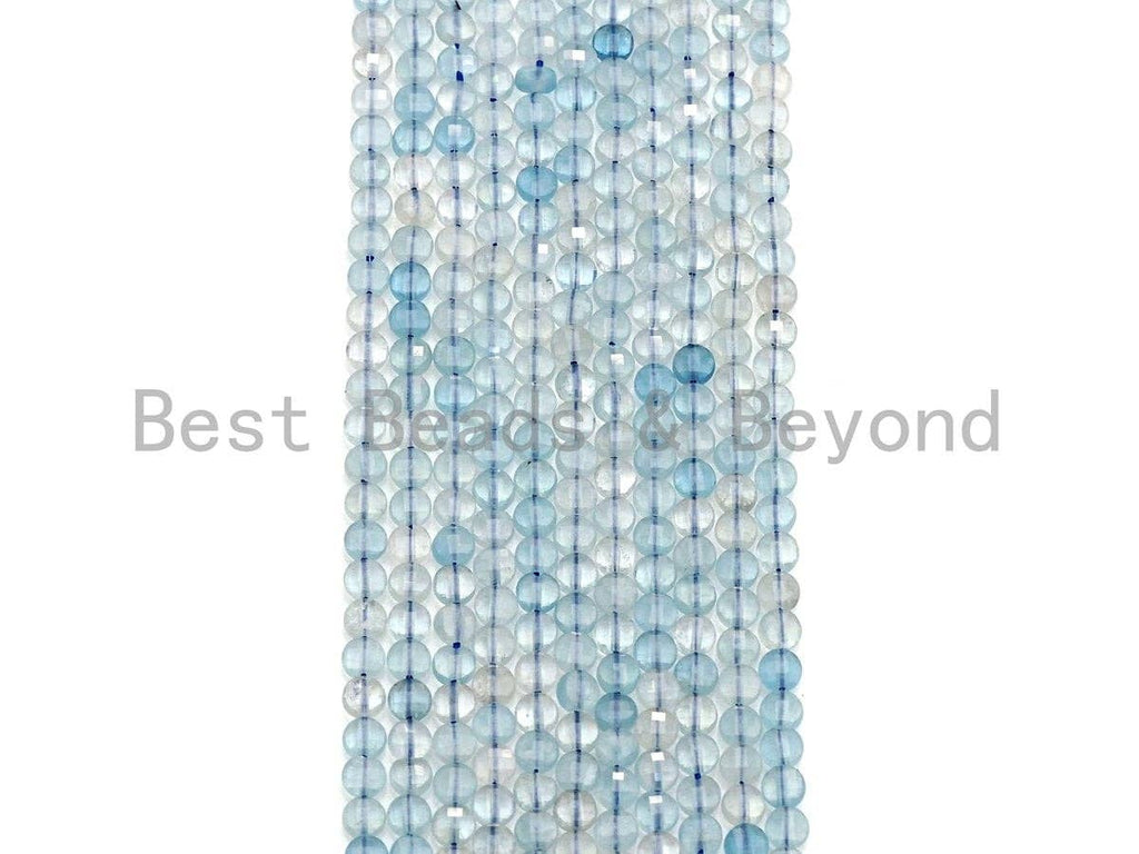 4mm High Quality Natural Aquamarine Faceted Coin Shape beads, Checkboard Cut Aquamarine, 15.5"Full Strand, sku#U791