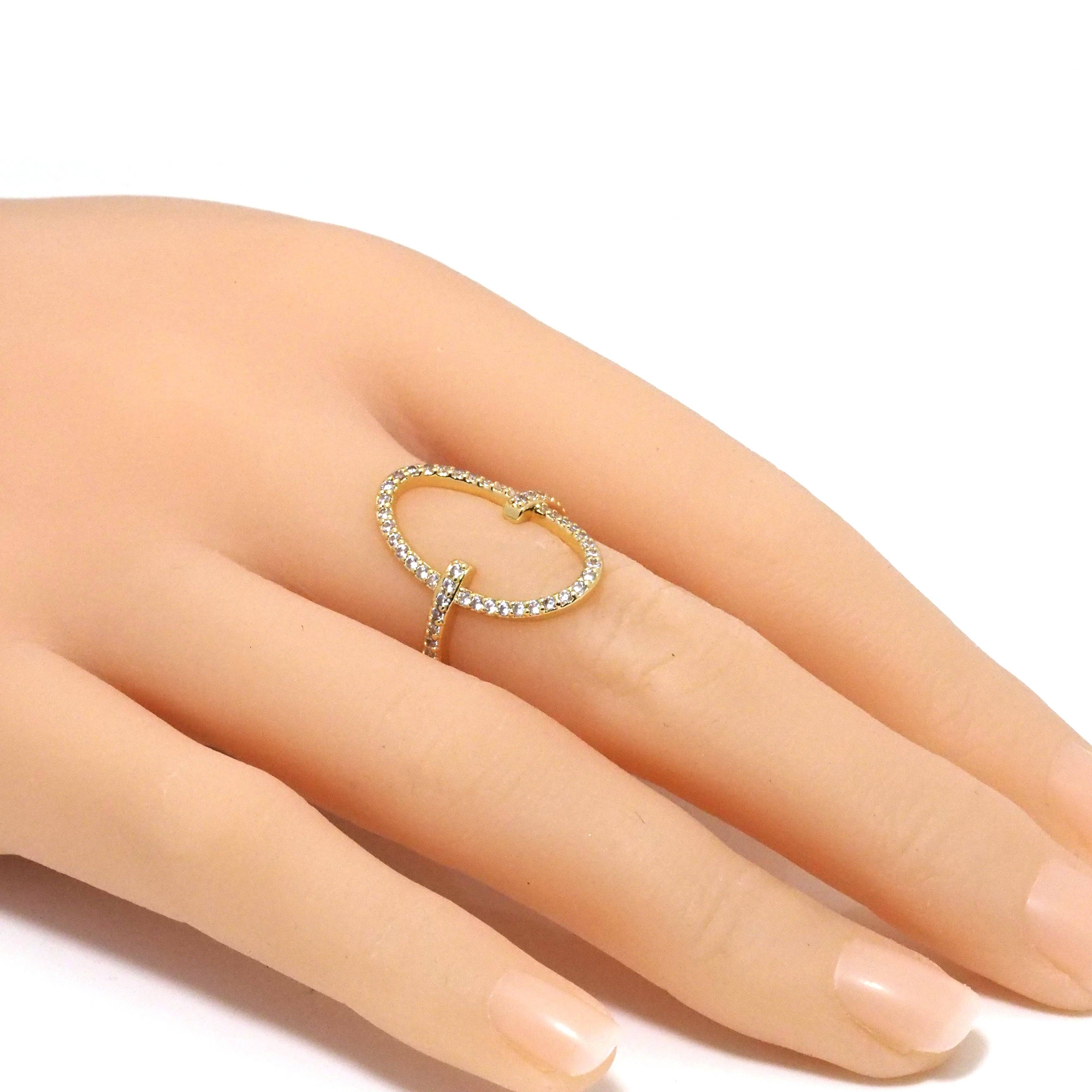 Gold Silver Clear CZ Frame Oval Adjustable Ring, Sku#B349