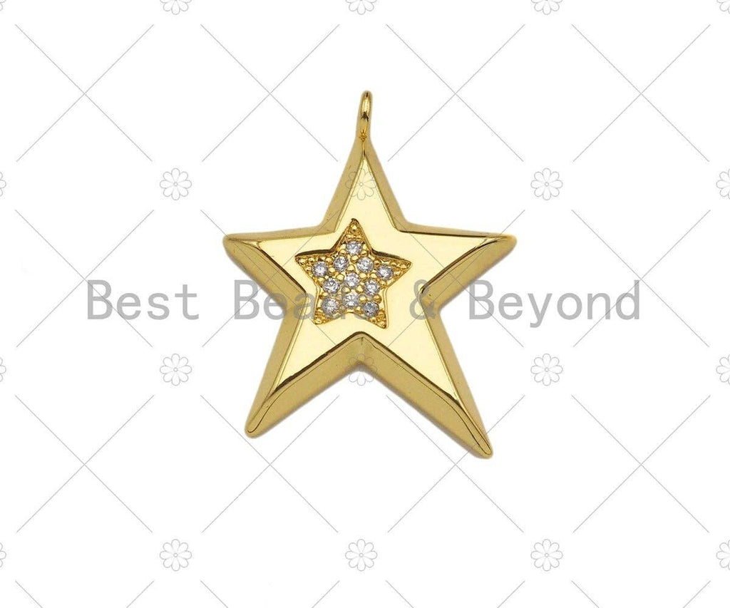 CZ Micro Pave Five Point Star on Fiver Point Star Shape Pendant,Cubic Zirconia Gold Charm, Necklace Bracelet Pendant, 22x27mm, Sku#Y418