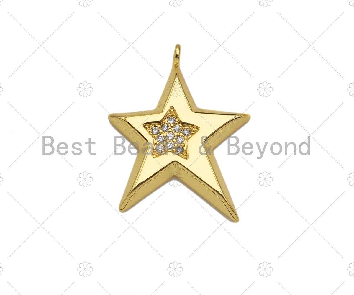 CZ Micro Pave Five Point Star on Fiver Point Star Shape Pendant,Cubic Zirconia Gold Charm, Necklace Bracelet Pendant, 22x27mm, Sku#Y418