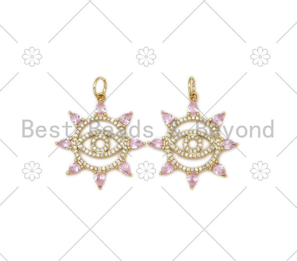 CZ Micro Pave Evil Eye On Pink CZ Sun Shape Pendant,18K Gold Filled Evil Eye Charm, Necklace Bracelet Charm Pendant, 28x25mm,Sku#Z1389
