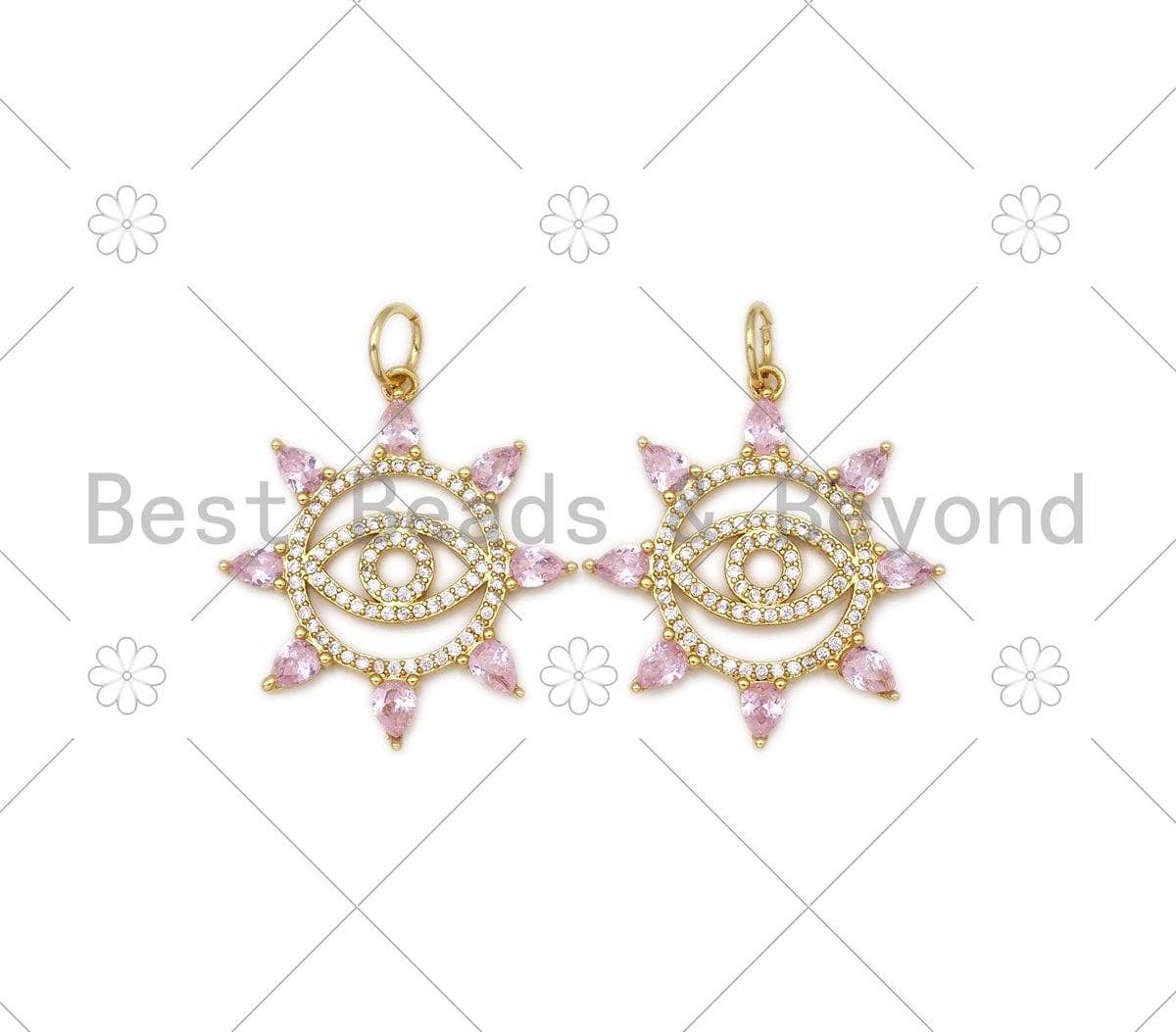 CZ Micro Pave Evil Eye On Pink CZ Sun Shape Pendant,18K Gold Filled Evil Eye Charm, Necklace Bracelet Charm Pendant, 28x25mm,Sku#Z1389