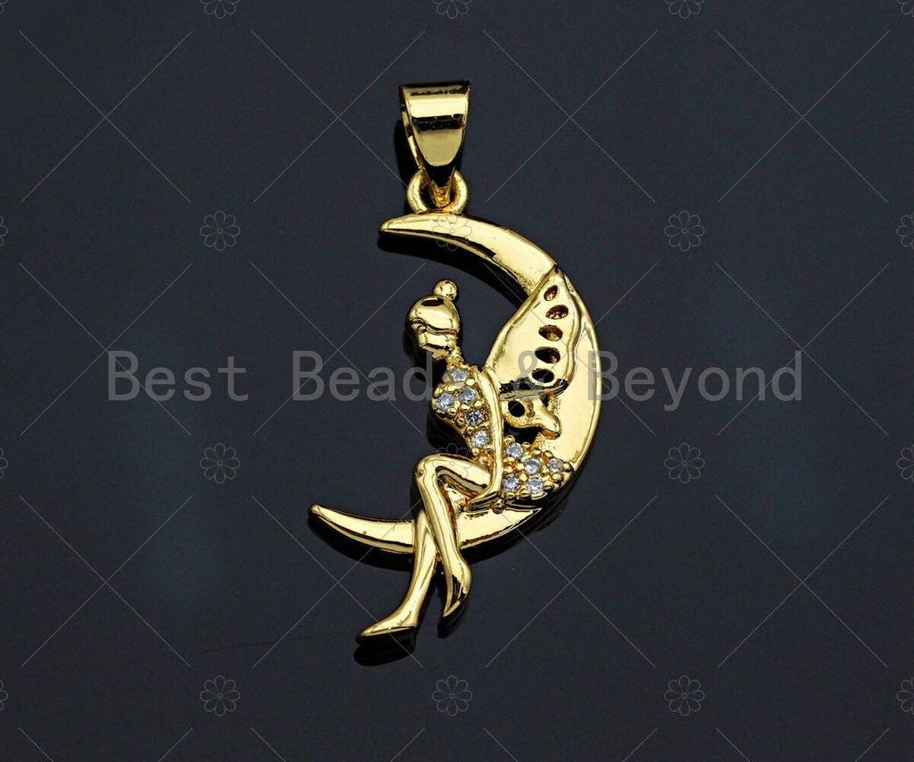 CZ Micro Pave Angel On Cresent Moon Shape Pendant, sku#F1235C