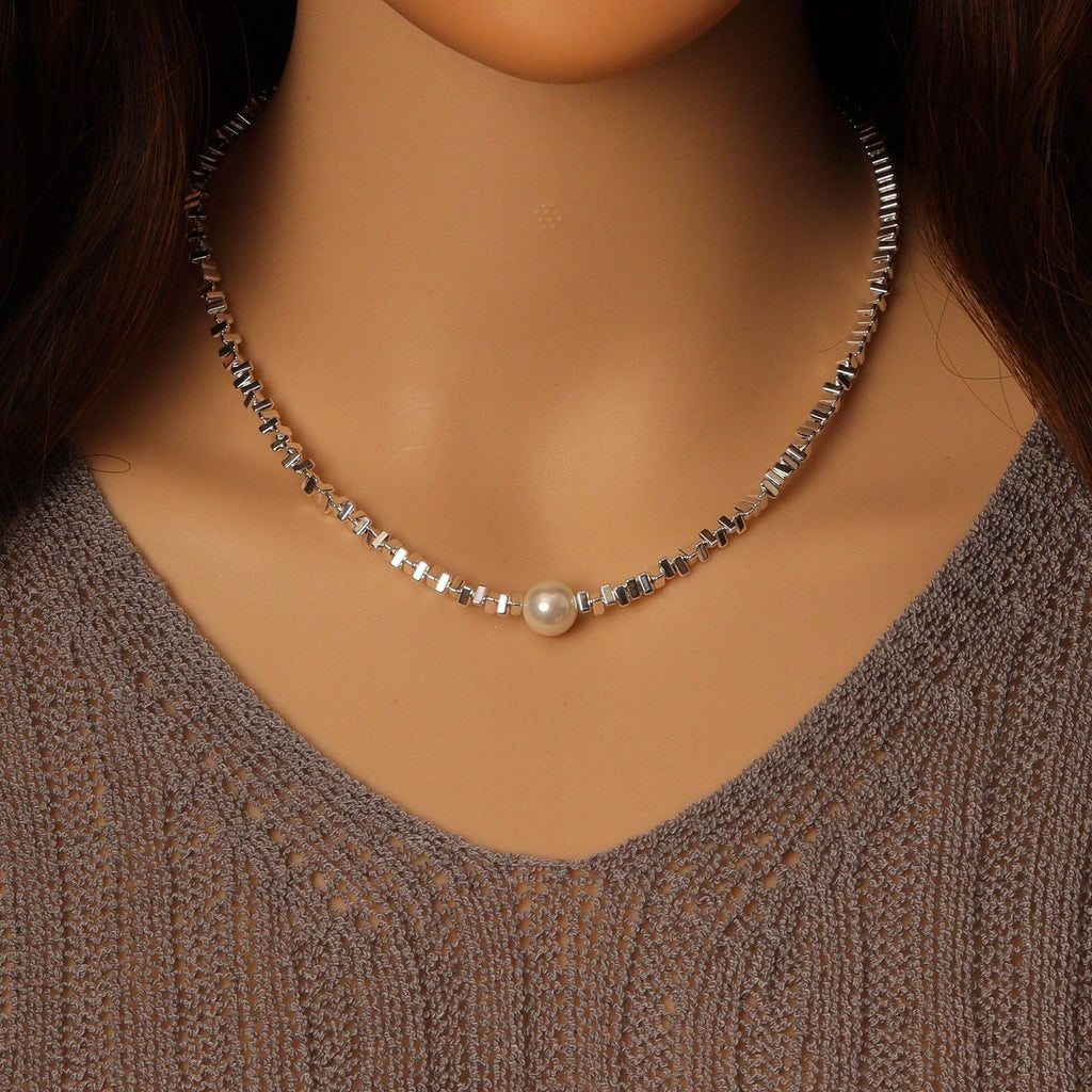 Silver Triangle Chip hematite beads with Pearl Necklace, Sku#EF502